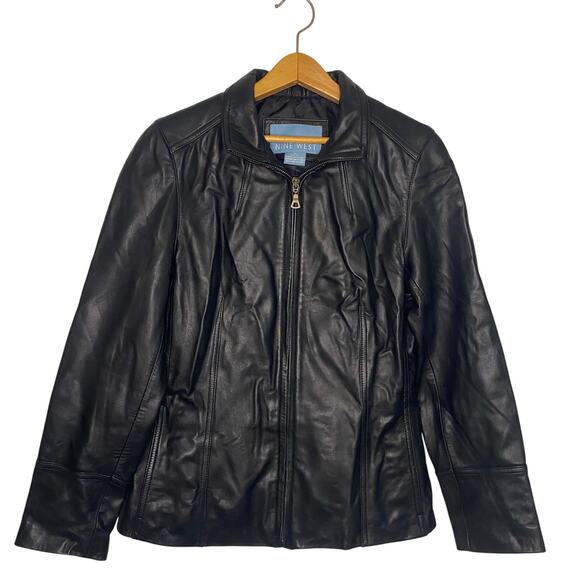 Womens Nine West Leather Jacket Full Zip Medium Petite Lightweight Punk Goth - Picture 1 of 14